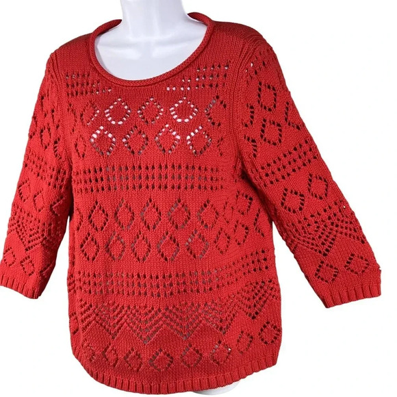 Talbots Womens Lp Red Pointelle Open Knit Sweater 3/4 Sleeve Lattice Diamond Top - Picture 7 of 14